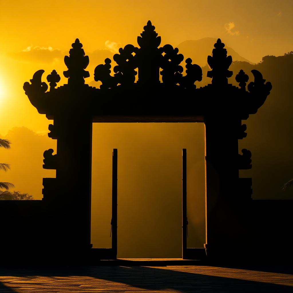 Silhouette of a Balinese temple gate at golden sunrise