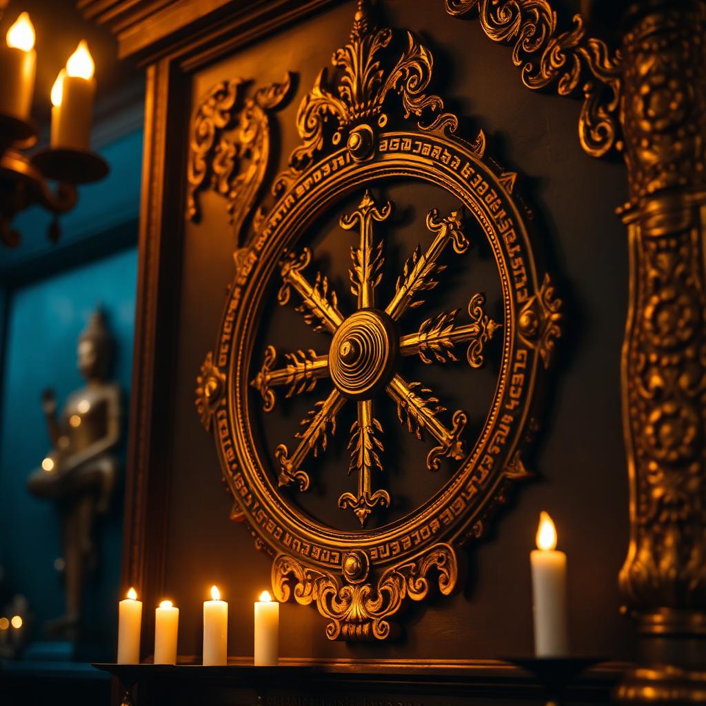 Ornate golden dharma wheel carving on a temple wall