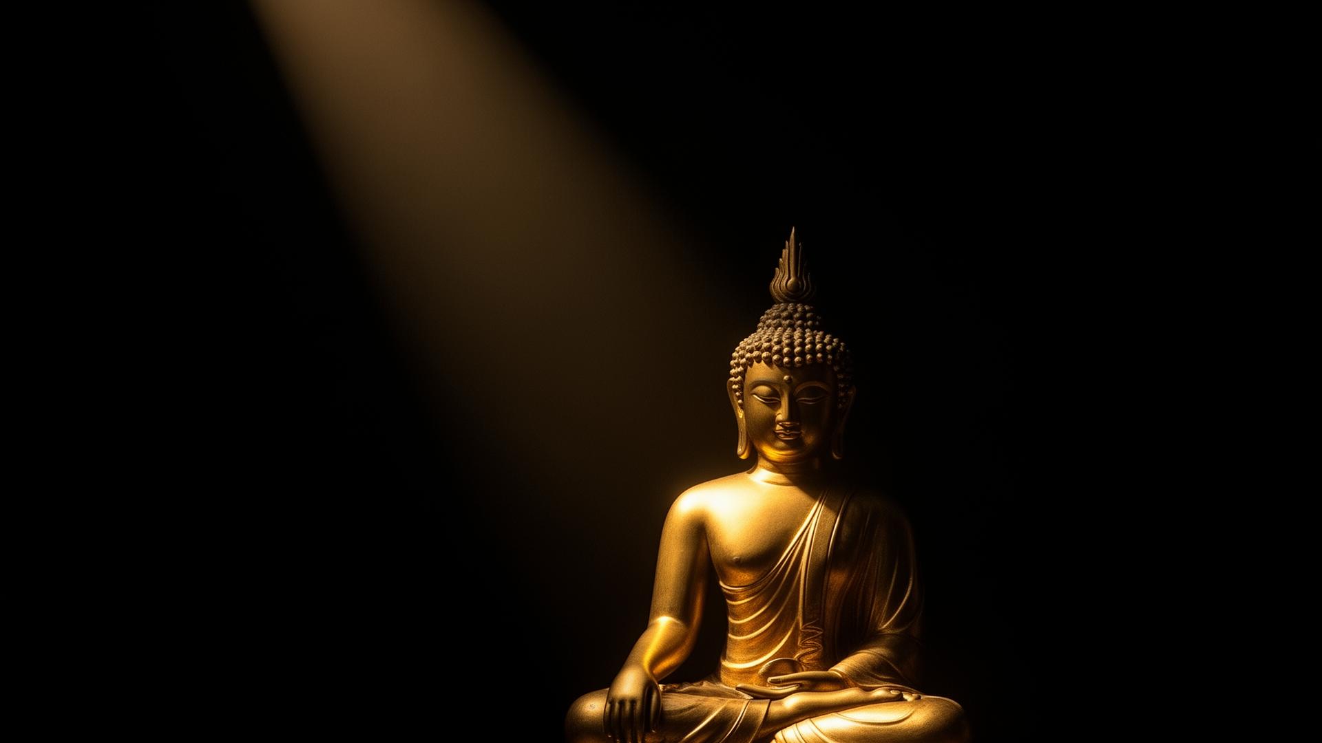 Golden Buddha illuminated by a single ray of light