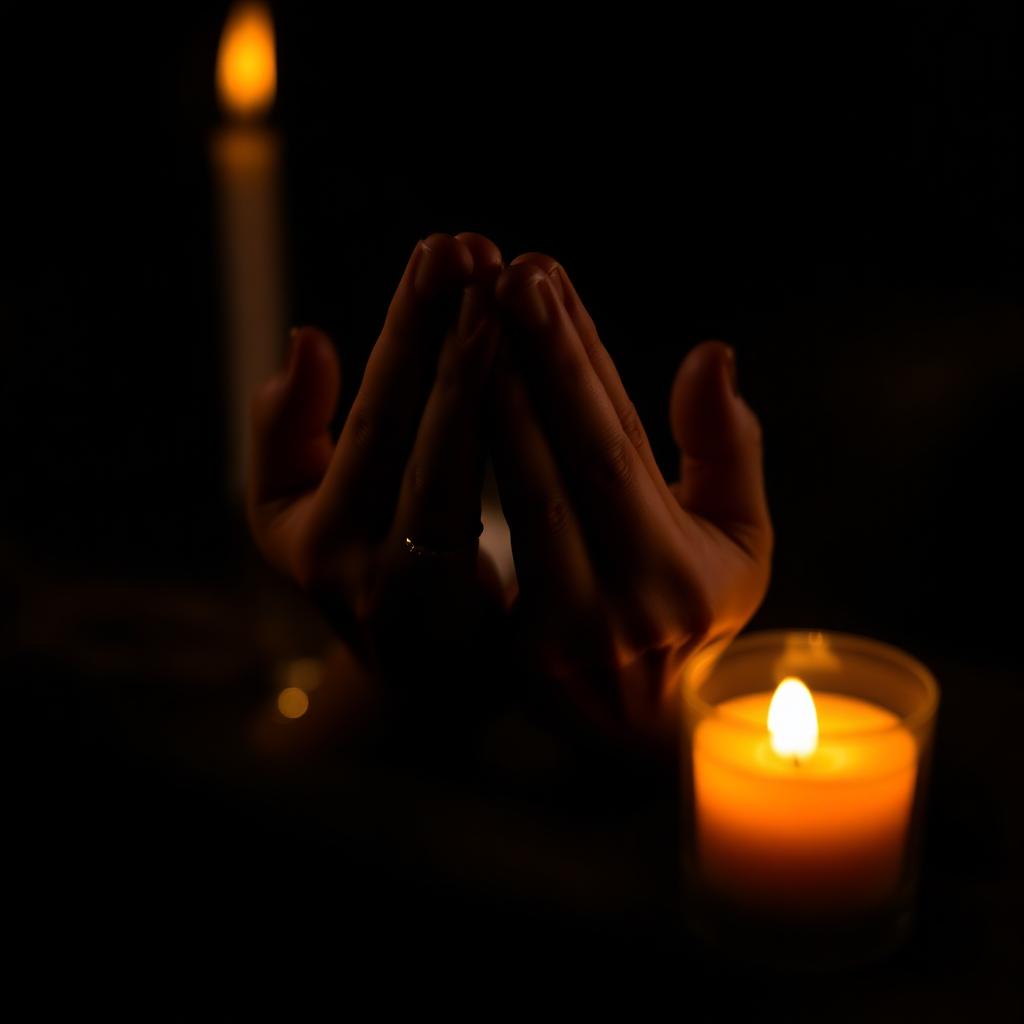 Hands in meditation mudra holding wooden mala beads by candlelight