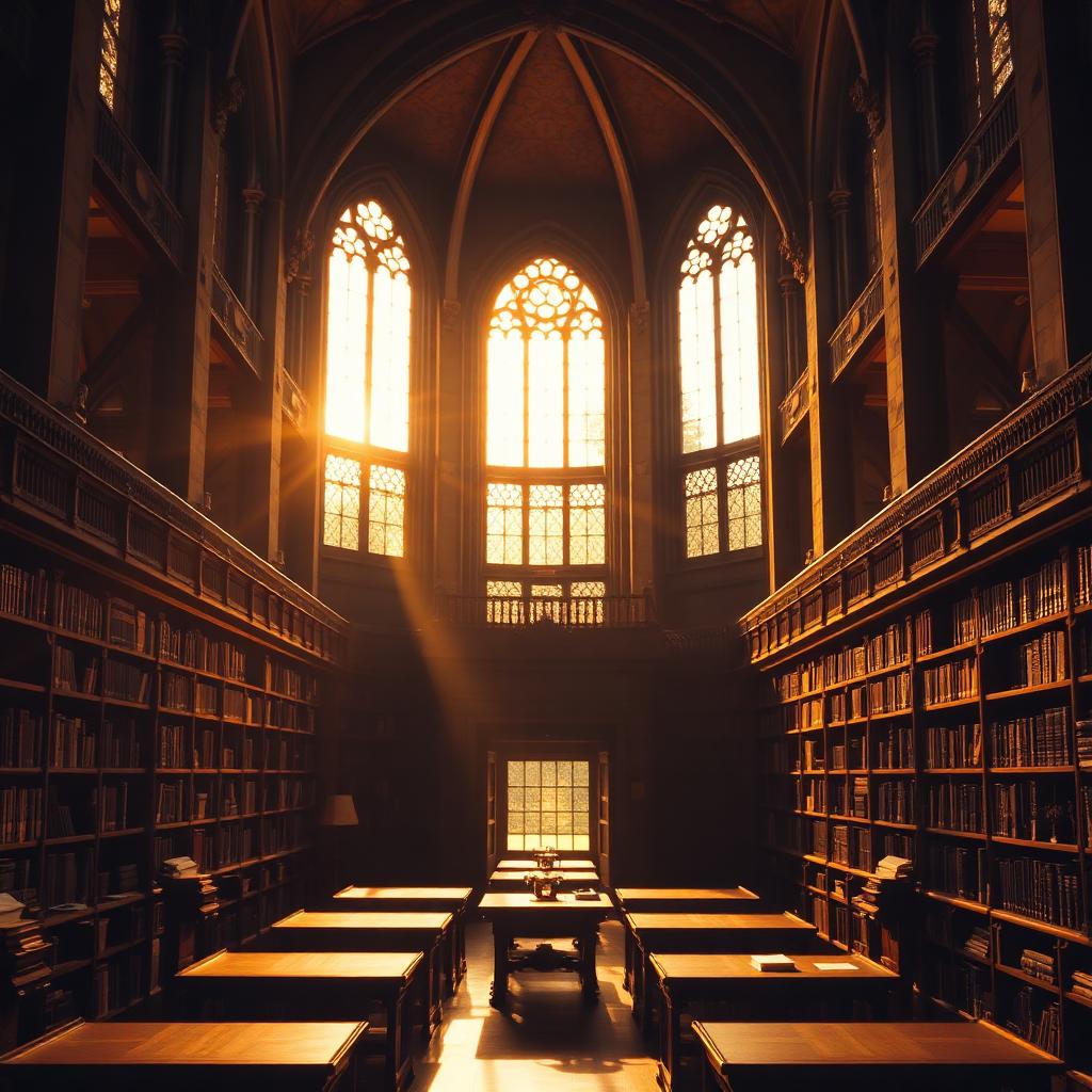 Gothic Ivy League library interior bathed in golden light